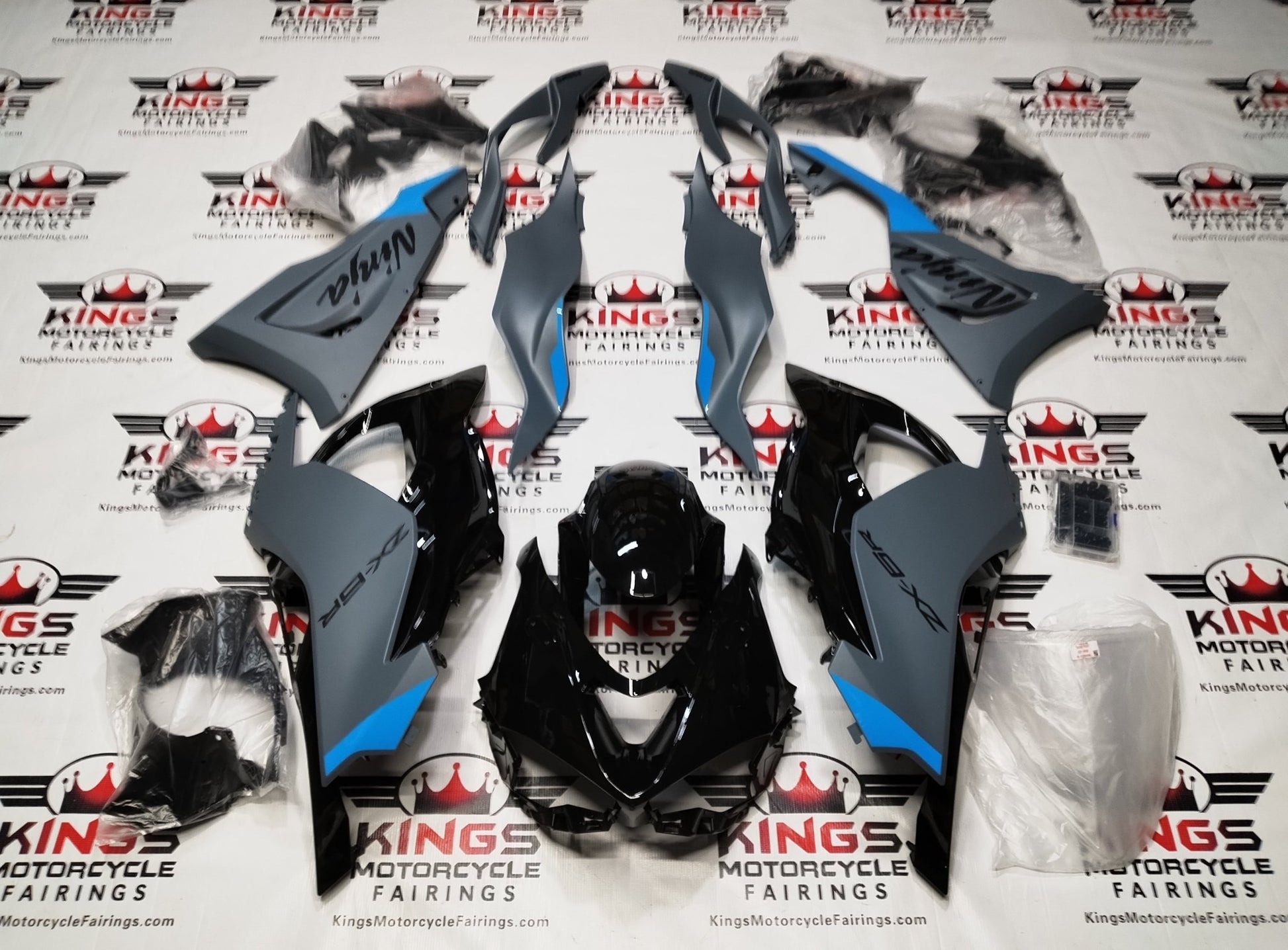 Fairings for Kawasaki ZX6R 636 (2024-2025) Matte Gray, Gloss Black, Blue at KingsMotorcycleFairings.com