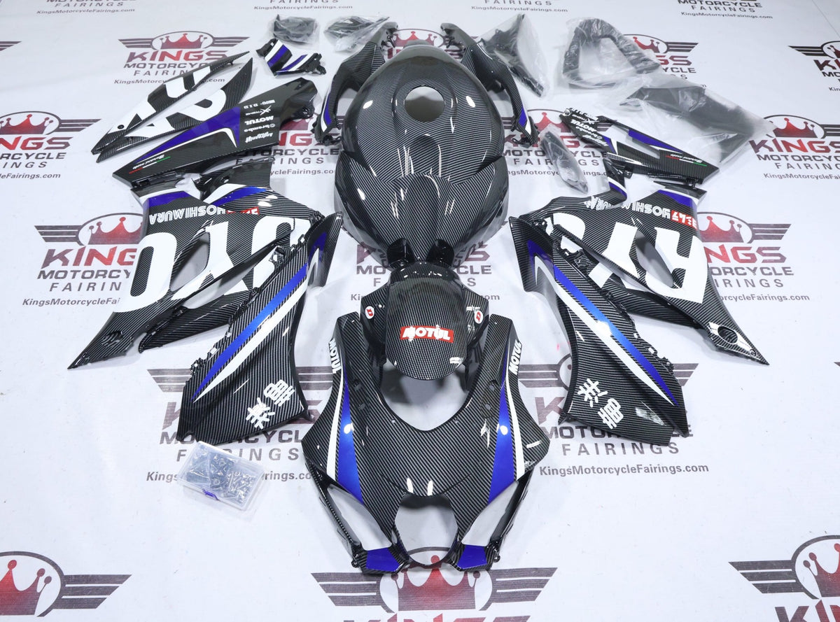 Fairings for Suzuki GSXR1000 (2017-2025) Faux Carbon Fiber, Blue, White at KingsMotorcycleFairings.com
