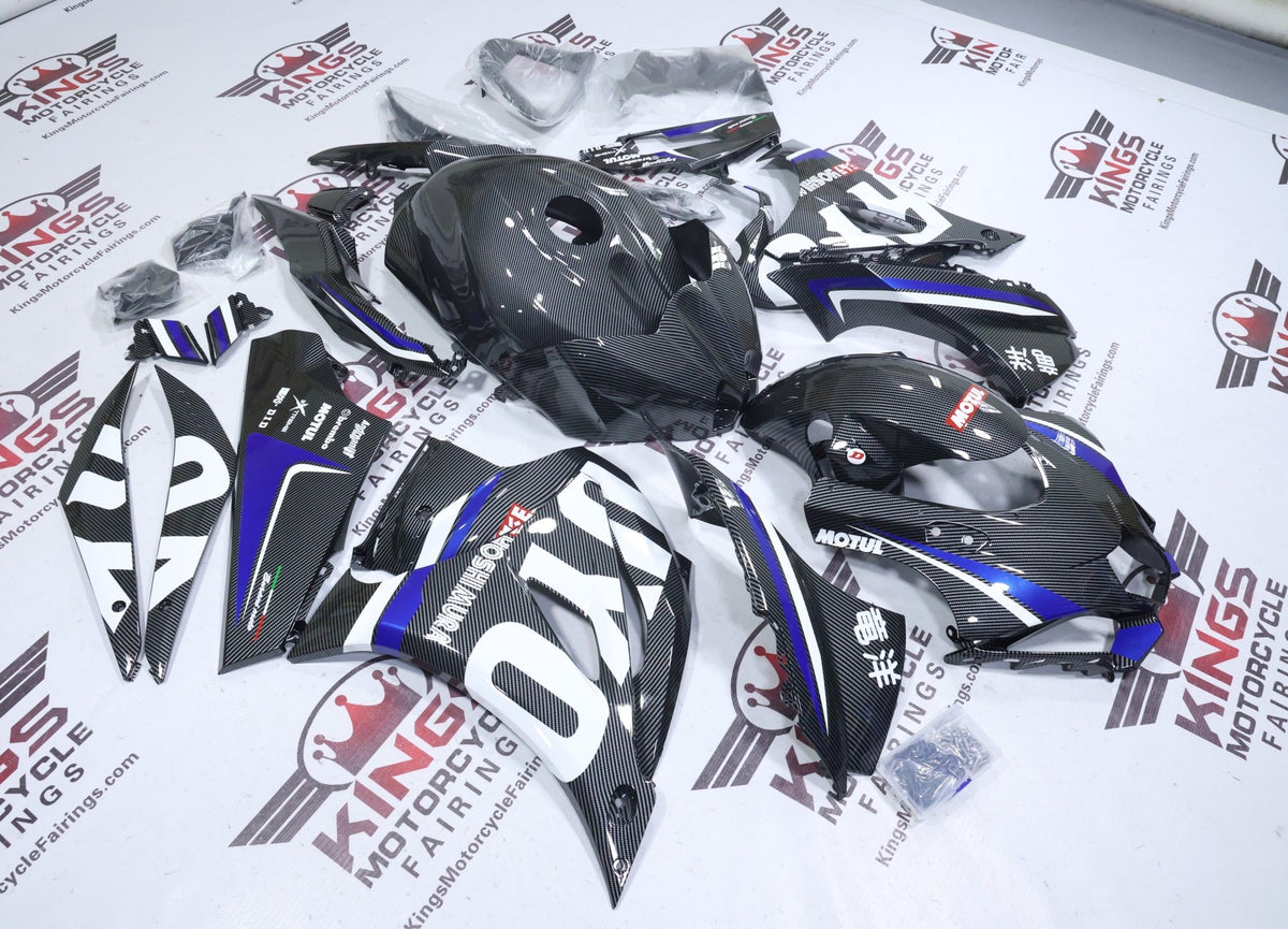 Fairings for Suzuki GSXR1000 (2017-2025) Faux Carbon Fiber, Blue, White from KingsMotorcycleFairings.com