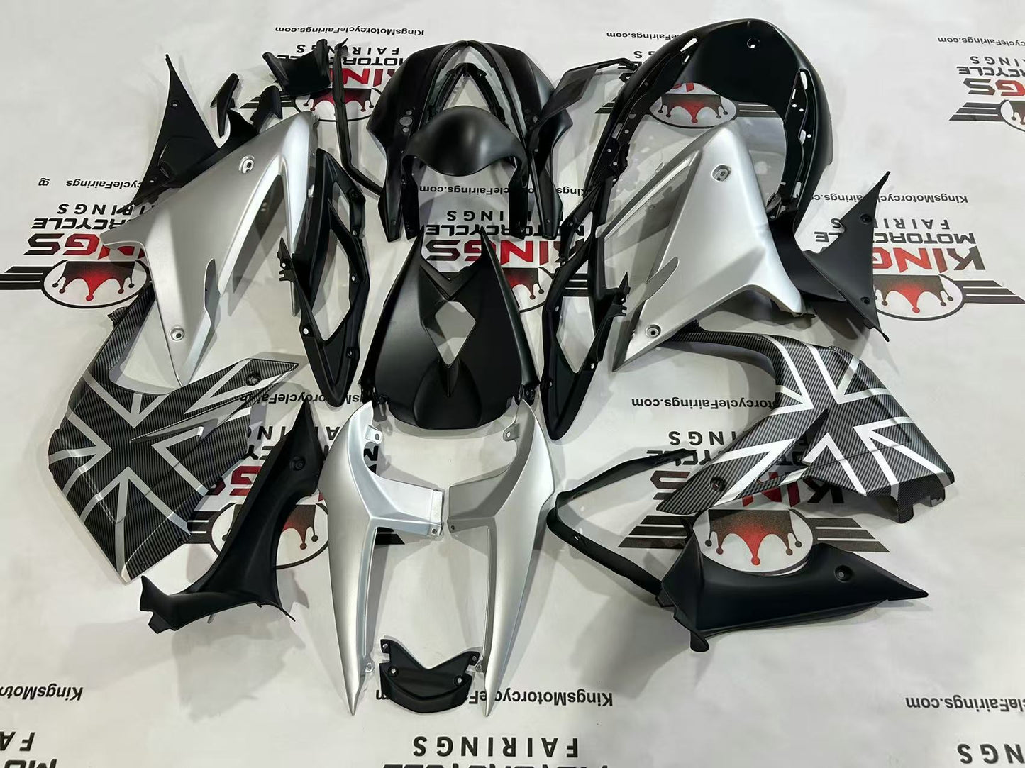 Fairings for Triumph Daytona 675 (2013-2016) Matte Black, Matte Silver Flag at KingsMotorcycleFairings.com