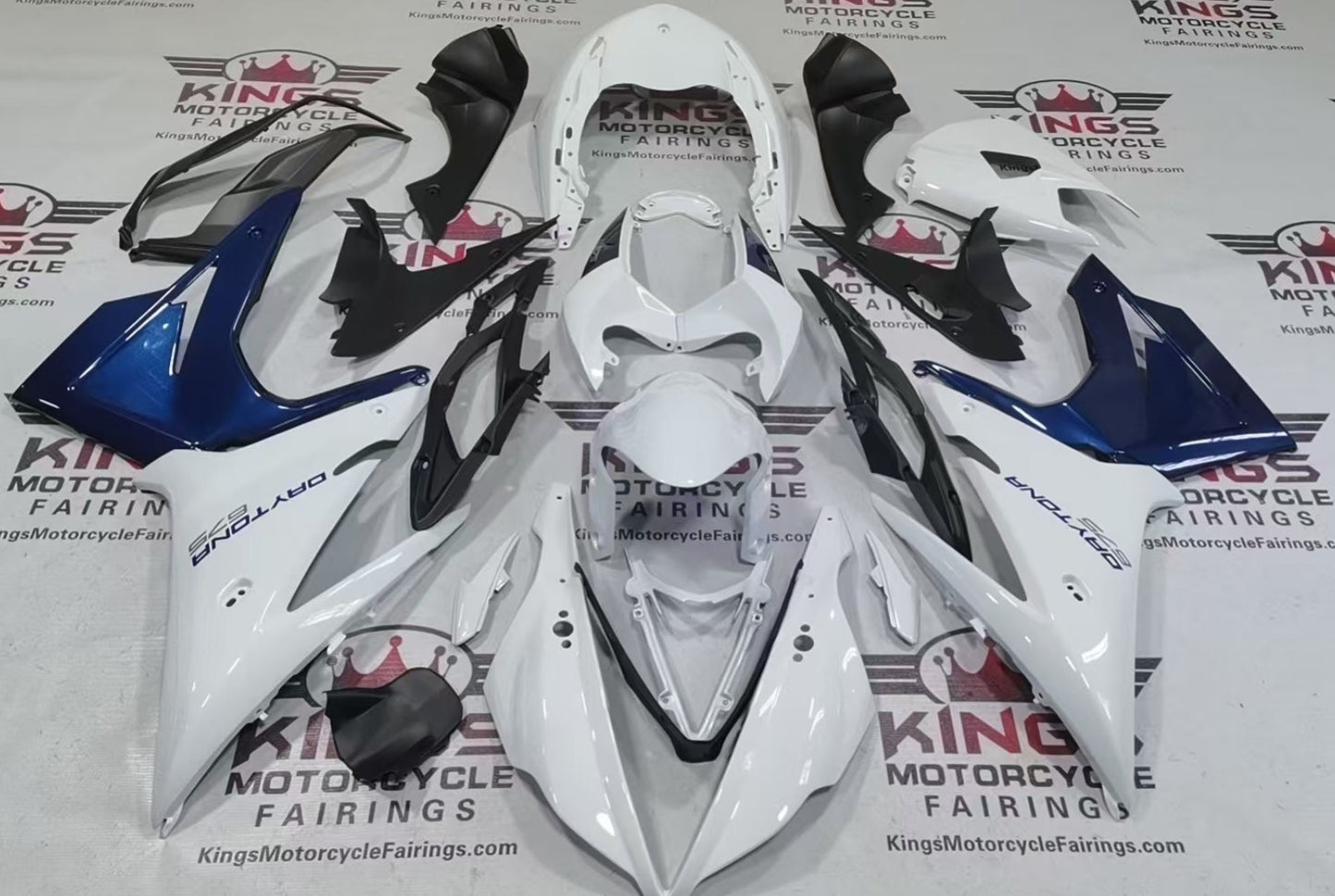 Triumph Daytona 675 Fairings (2013-2016) White, Navy Blue from KingsMotorcycleFairings.com
