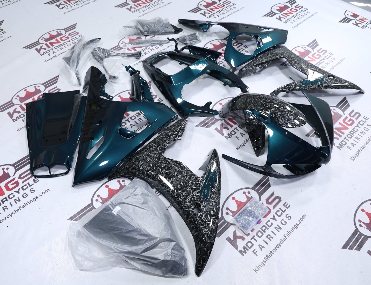 Fairings for Yamaha R6 (2005) Green, Faux Forged Carbon Fiber at KingsMotorcycleFairings.com