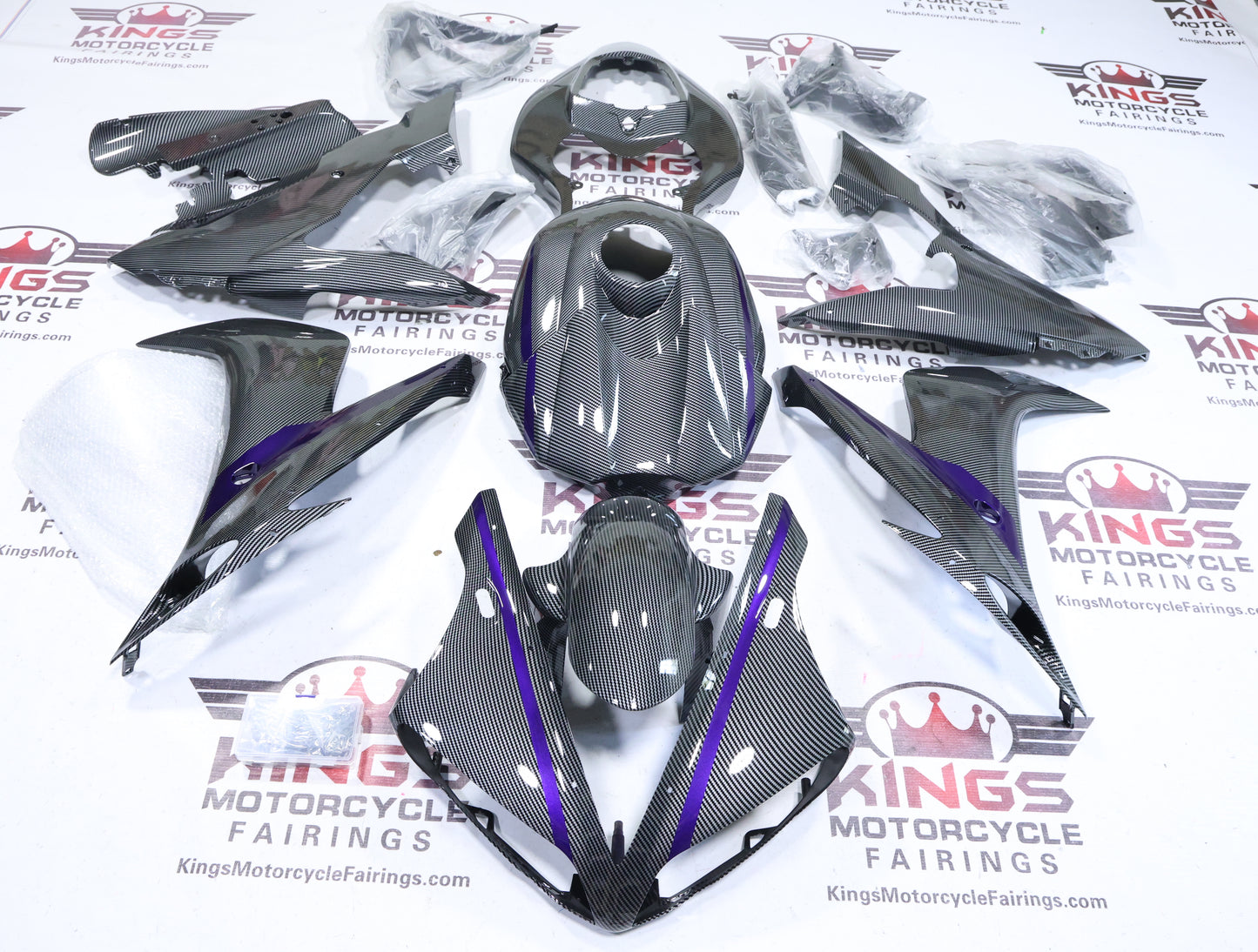 Fairings for Yamaha YZF-R1 (2004-2006) Faux Carbon Fiber, Purple Stripes at KingsMotorcycleFairings.com