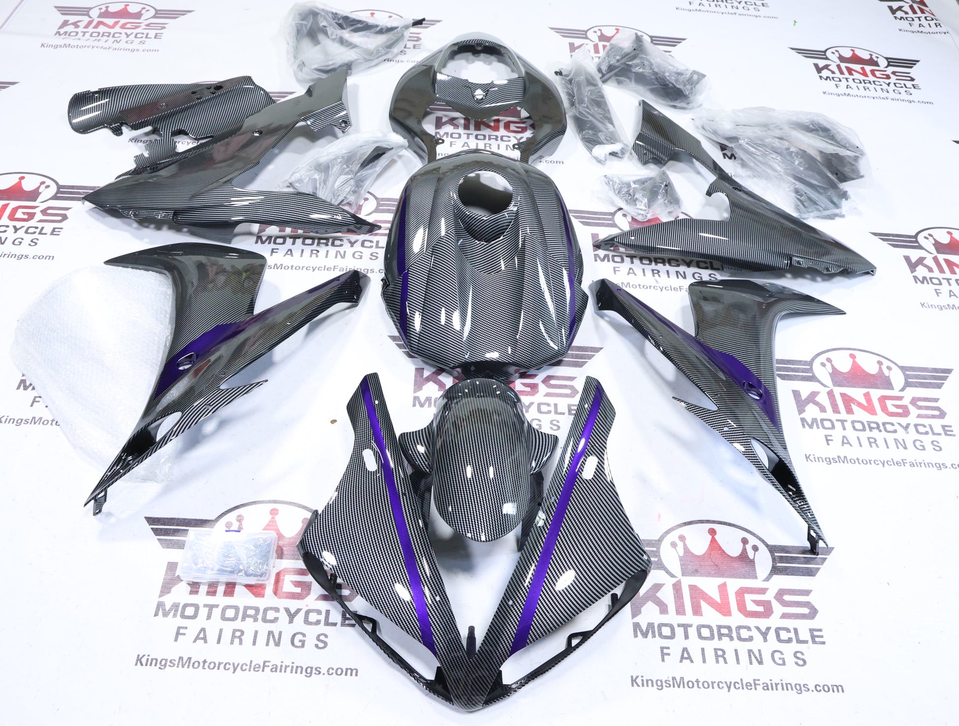 Fairings for Yamaha YZF-R1 (2004-2006) Faux Carbon Fiber, Purple Stripes at KingsMotorcycleFairings.com