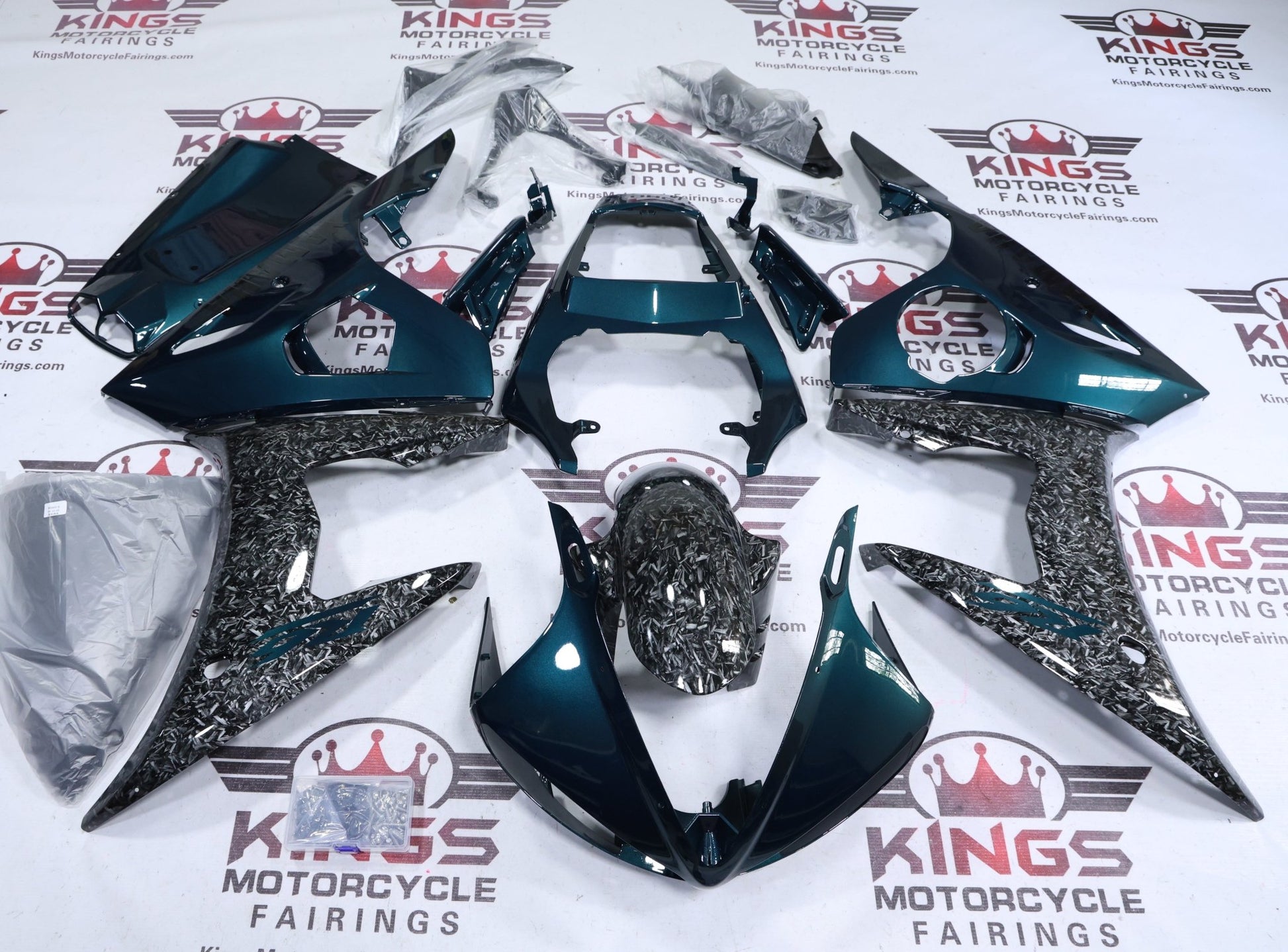 Fairings for Yamaha YZF-R6 (2005) Green, Faux Forged Carbon Fiber at KingsMotorcycleFairings.com