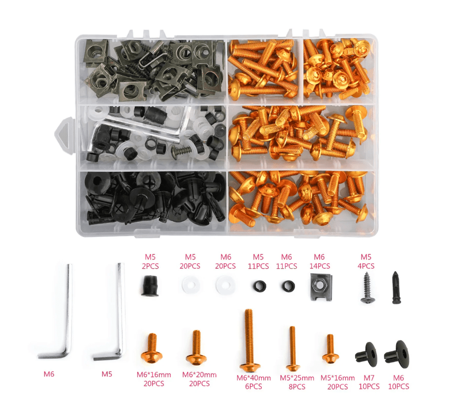 Gold Bolt Kit for Universal Fit Motorcycle Fairing Installation from KingsMotorcycleFairings.com