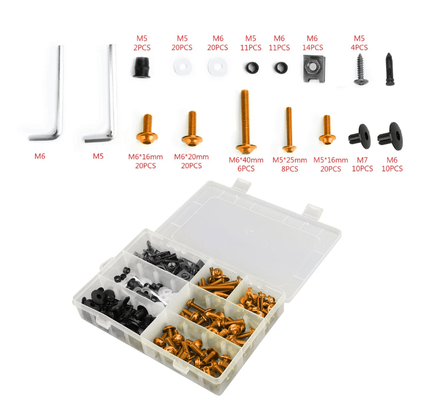 Gold Hardware Bolt Kit for Universal Fit Motorcycle Fairing Installation at KingsMotorcycleFairings.com
