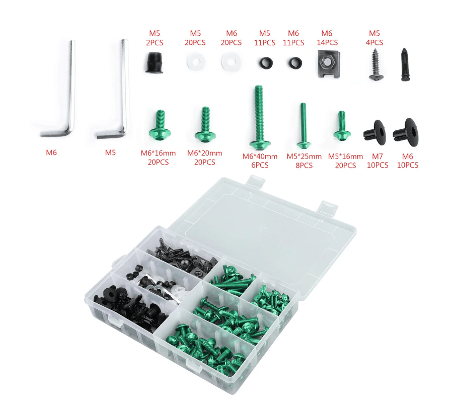 Green Bolt Kit for Universal Fit Motorcycle Fairing Installation at KingsMotorcycleFairings.com