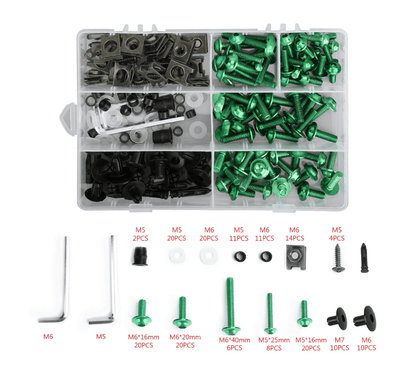 Green Bolt Kit for Universal Fit Motorcycle Fairing Installation from KingsMotorcycleFairings.com