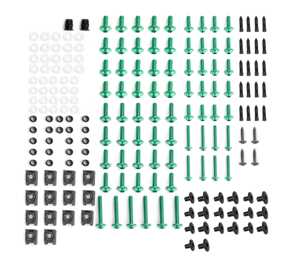 Green Hardware Bolt Set for Universal Fit Motorcycle Fairing Installation at KingsMotorcycleFairings.com