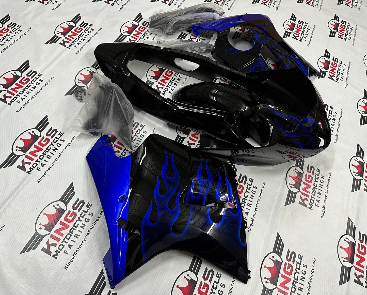 HONDA CBR1100XX Super Blackbird Fairings (1996-2007) Black, Blue Flames from KingsMotorcycleFairings.com