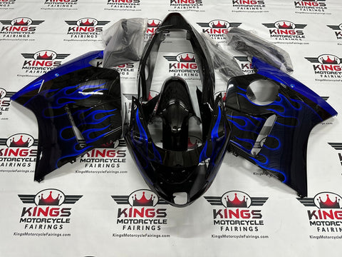 HONDA CBR1100XX Super Blackbird Fairings (1996-2007) Black, Blue Flames at KingsMotorcycleFairings.com