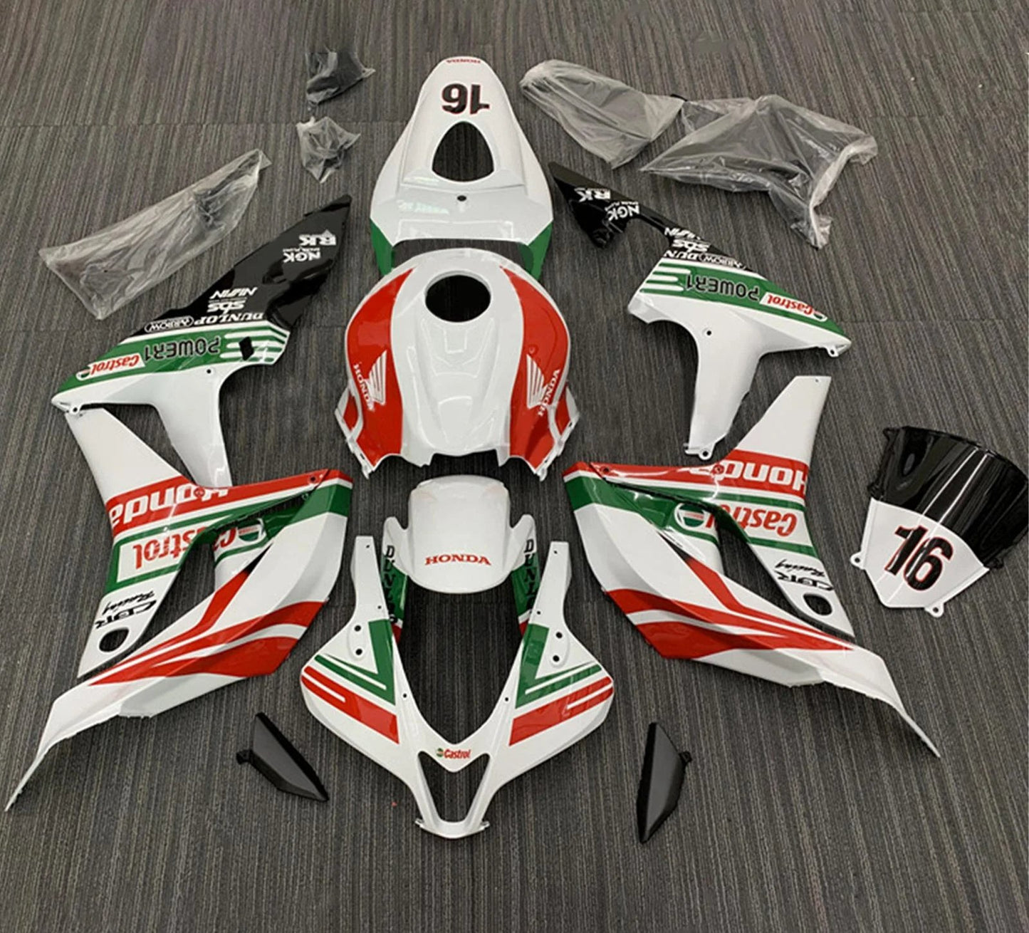 Honda CBR600RR Fairings (2007-2008) White, Red, Green Castrol 16 at KingsMotorcycleFairings.com