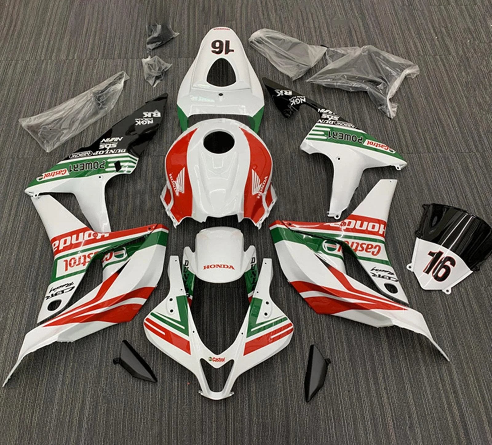 Honda CBR600RR Fairings (2007-2008) White, Red, Green Castrol 16 at KingsMotorcycleFairings.com