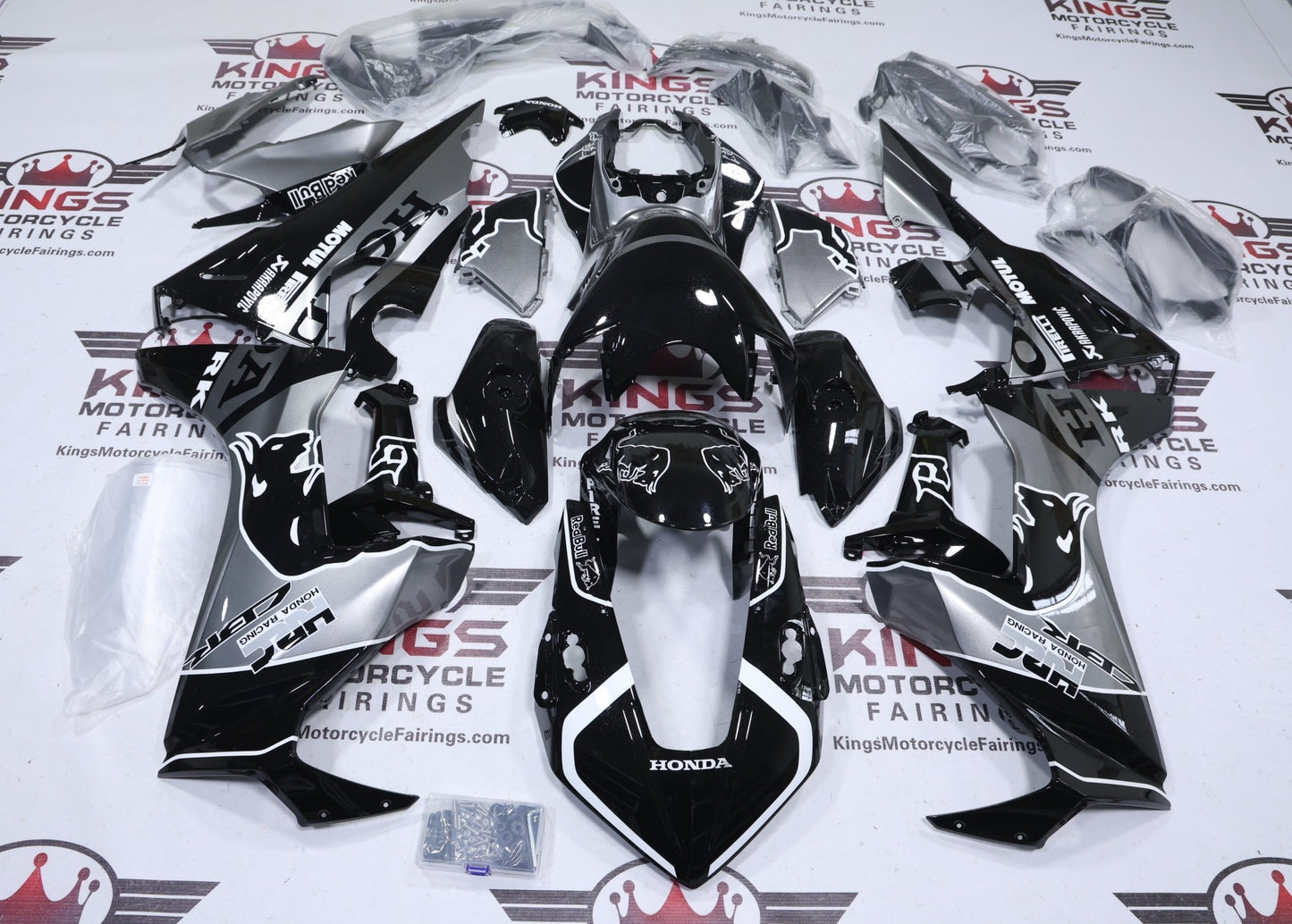 Honda CBR1000RR Fairing Kit (2017-2025) Black, Silver Red Bull from kingsMotorcycleFairings.com