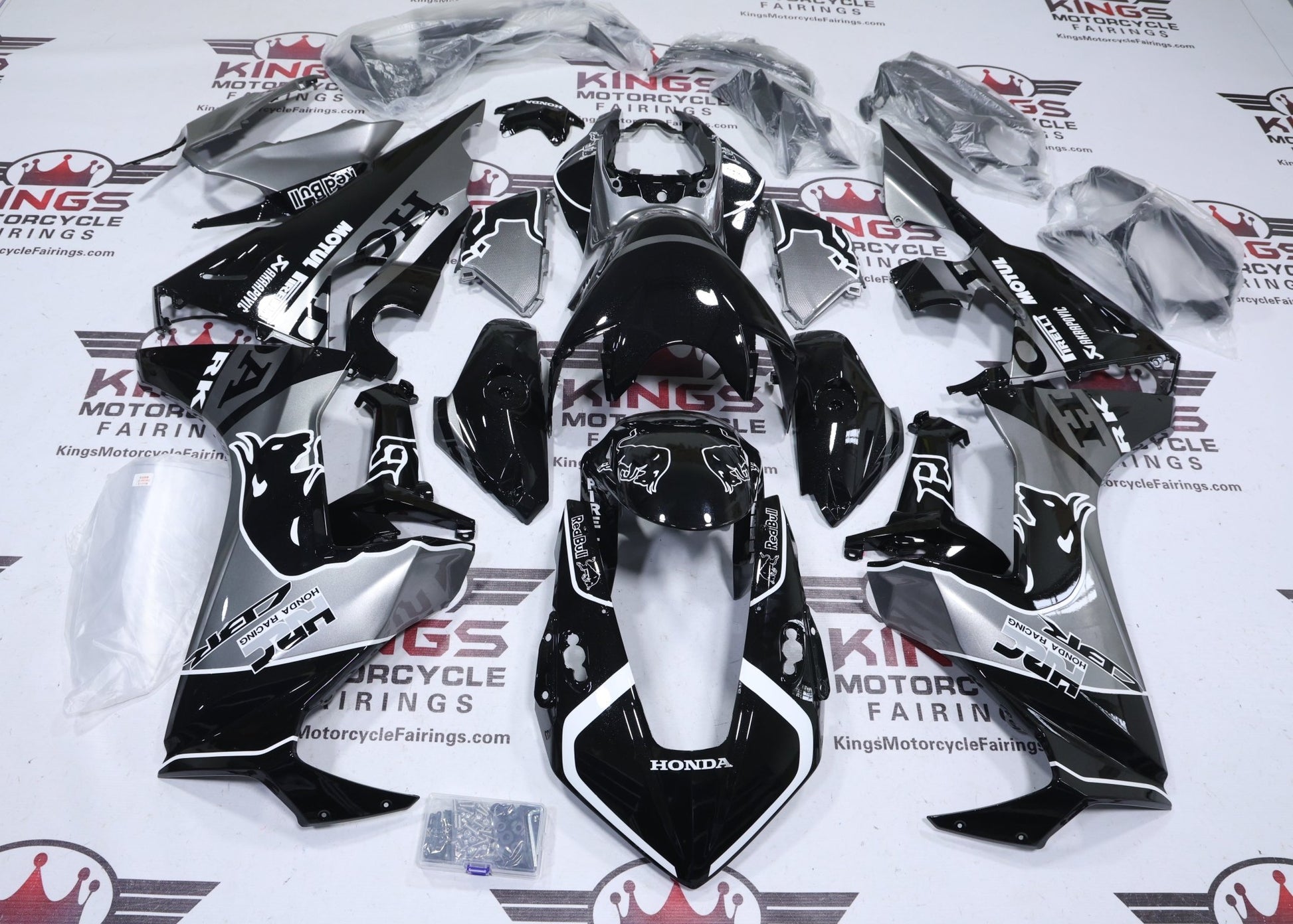 Honda CBR1000RR Fairing Kit (2017-2025) Black, Silver Red Bull from kingsMotorcycleFairings.com