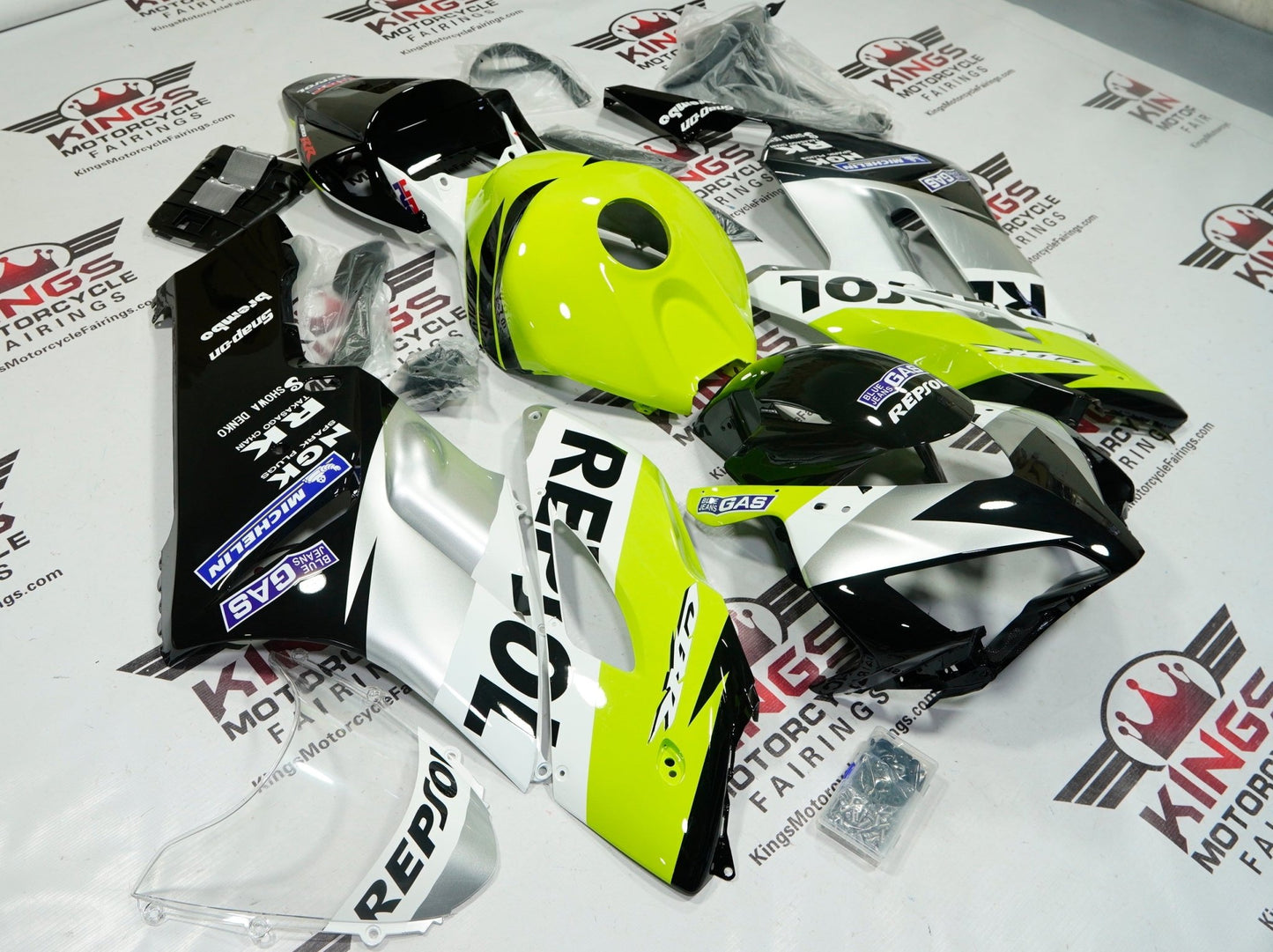 Honda CBR 1000RR Fairings (2004-2005) Neon Yellow, Black, Silver Repsol at KingsMotorcycleFairings.com
