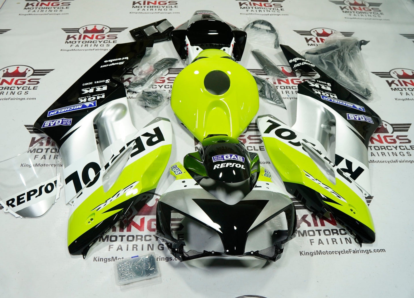 Honda CBR1000RR Fairings (2004-2005) Neon Yellow, Black, Silver Repsol at KingsMotorcycleFairings.com