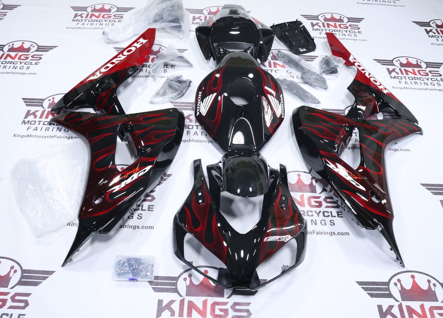 Honda CBR1000RR Fairings (2006-2007) Black, Red Fire Flames at KingsMotorcycleFairings.com