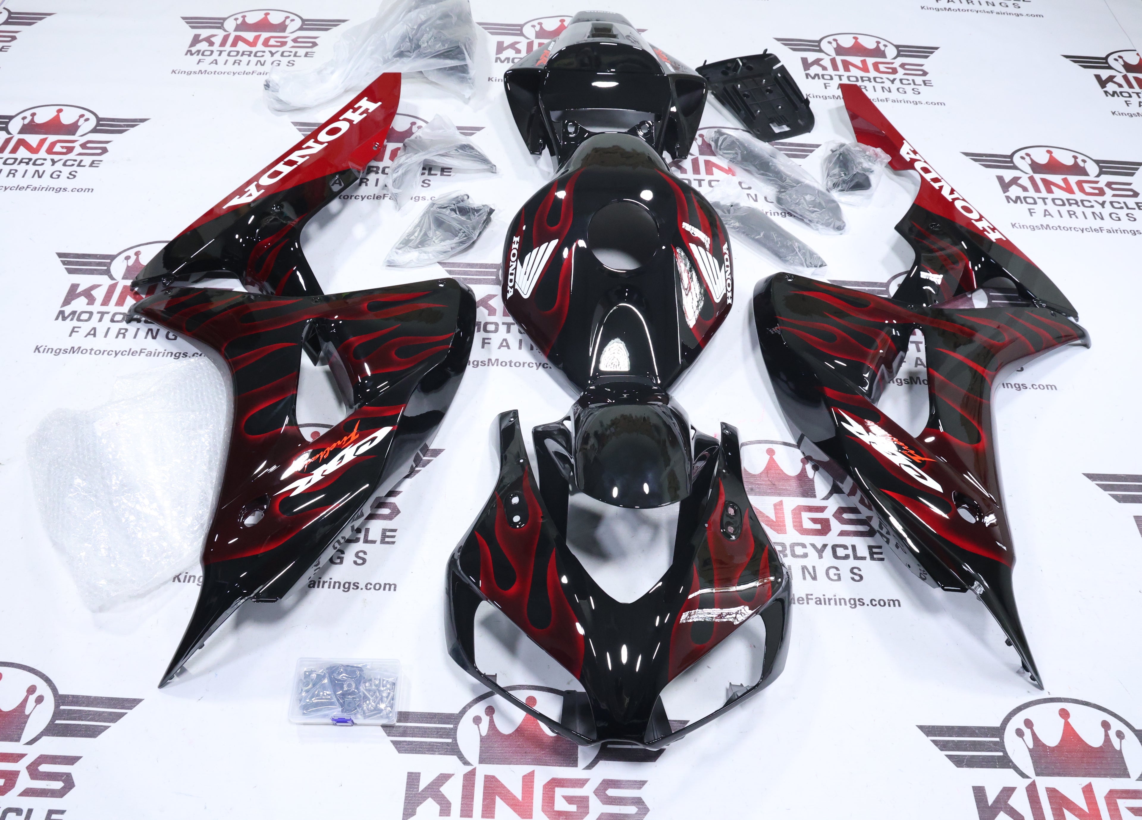 Honda CBR1000RR Fairings (2006-2007) Black, Red Fire Flames at KingsMotorcycleFairings.com