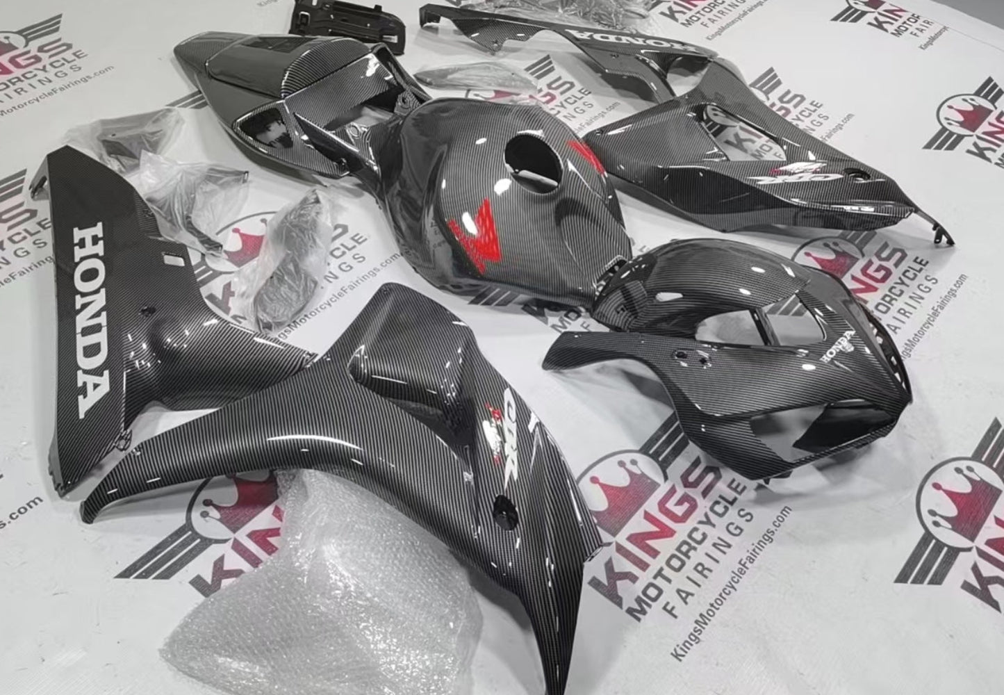 Honda CBR1000RR Fairings (2006-2007) Faux Carbon Fiber, White, Red from KingsMotorcycleFairings.com