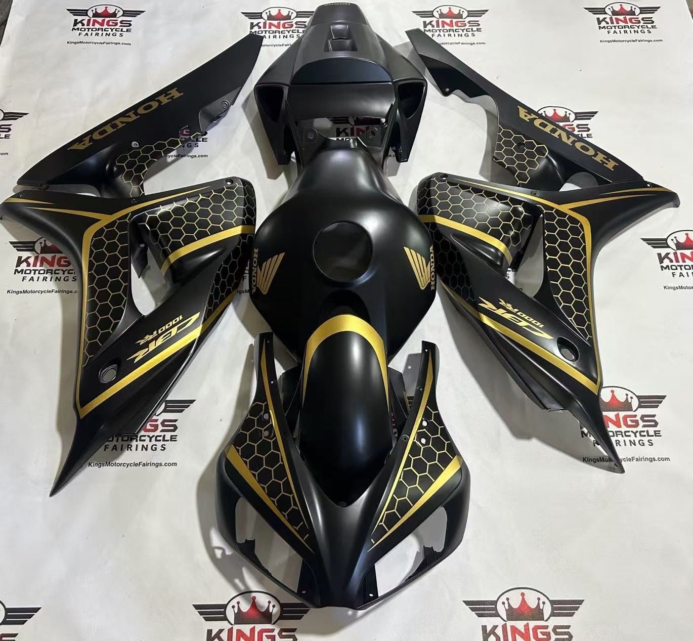 Honda CBR1000RR Fairings (2006-2007) Matte Black, Gold Honeycomb at KingsMotorcycleFairings.com