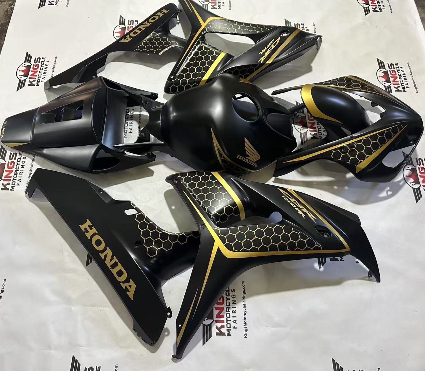 Honda CBR1000RR Fairings (2006-2007) Matte Black, Gold Honeycomb from KingsMotorcycleFairings.com
