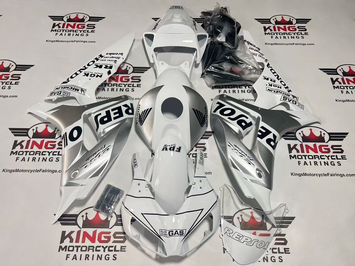 Honda CBR1000RR Fairings (2006-2007) White, Silver Gas Repsol at KingsMotorcycleFairings.com
