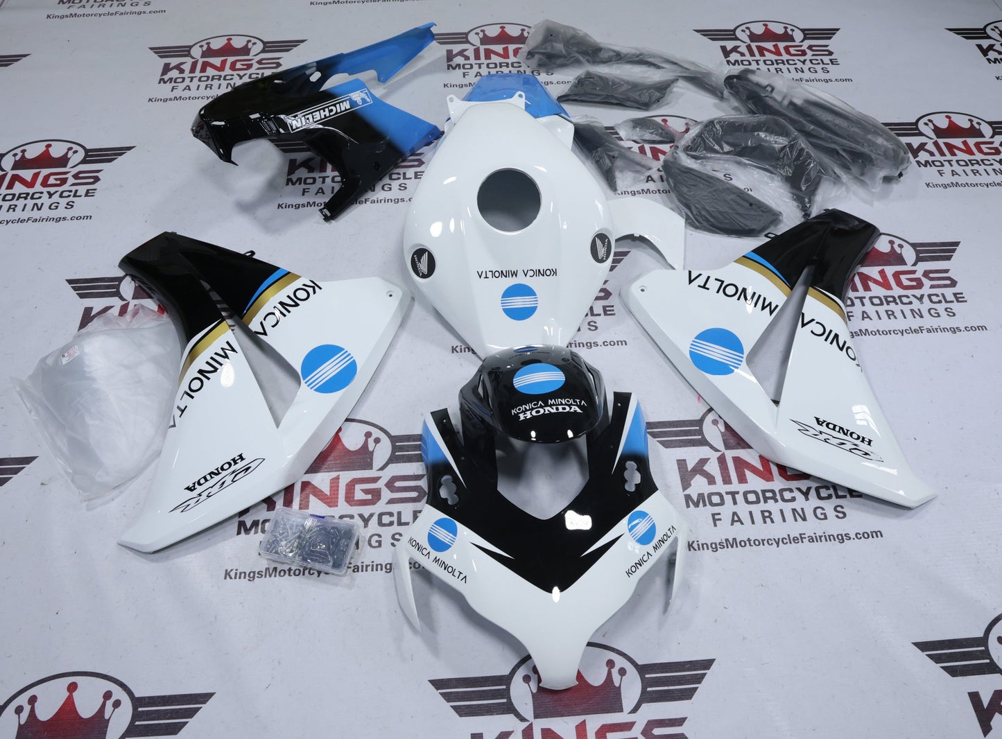 Honda CBR1000RR Fairings (2008-2011) White, Black, Blue Konica Minolta at KingsMotorcycleFairings.com