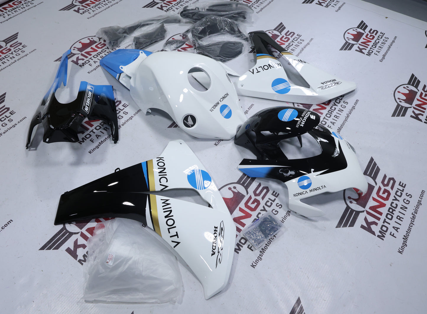 Honda CBR1000RR Fairings (2008-2011) White, Blue, Black Konica Minolta from KingsMotorcycleFairings.com