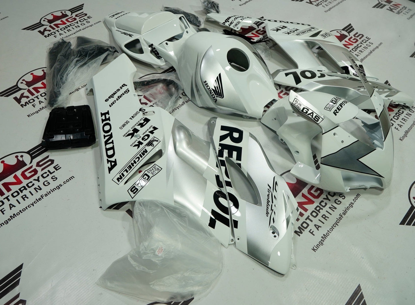 Honda CBR1000RR (2004-2005) White & Silver Repsol Fairings at KingsMotorcycleFairings.com