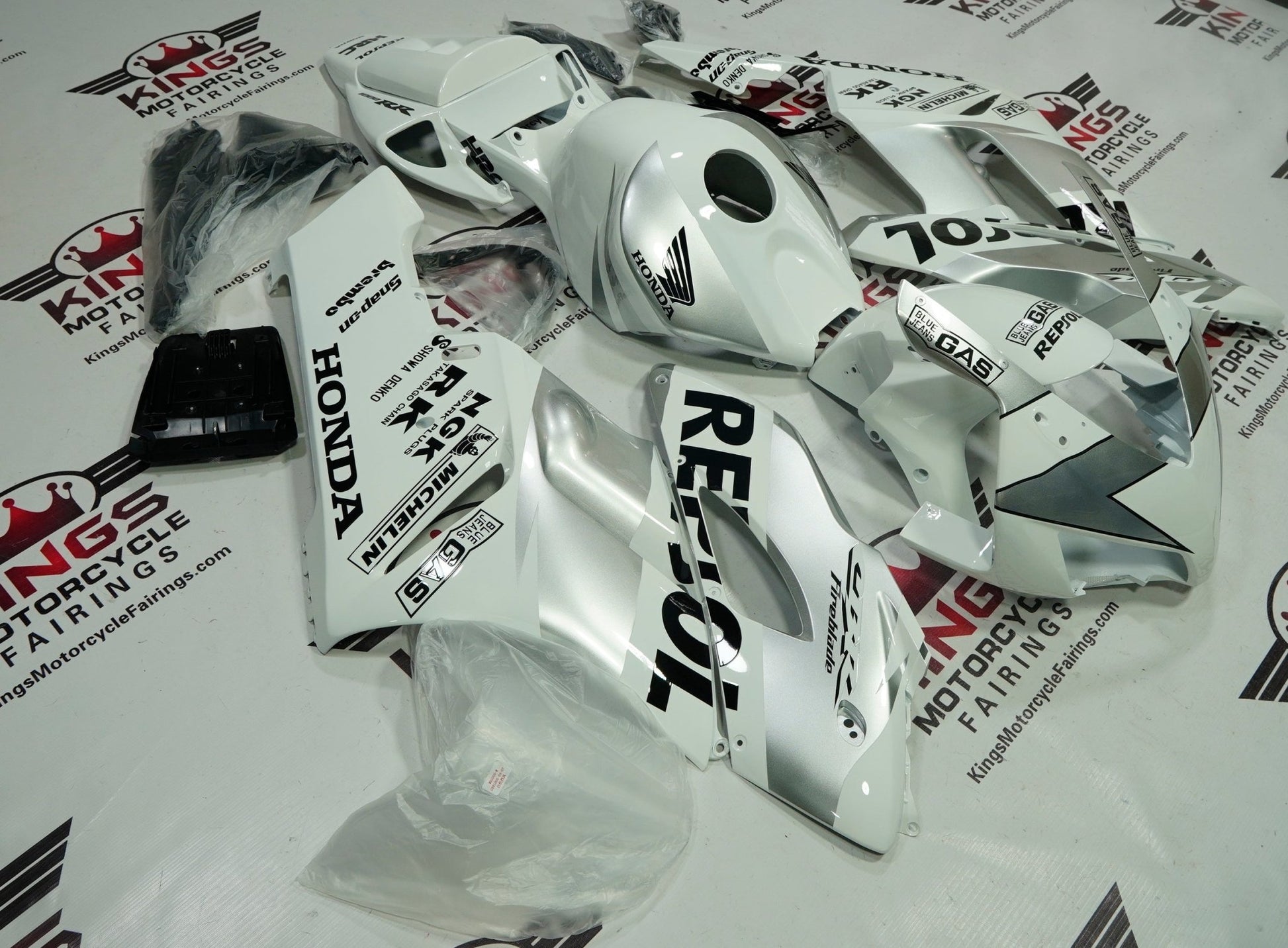 Honda CBR1000RR (2004-2005) White & Silver Repsol Fairings at KingsMotorcycleFairings.com