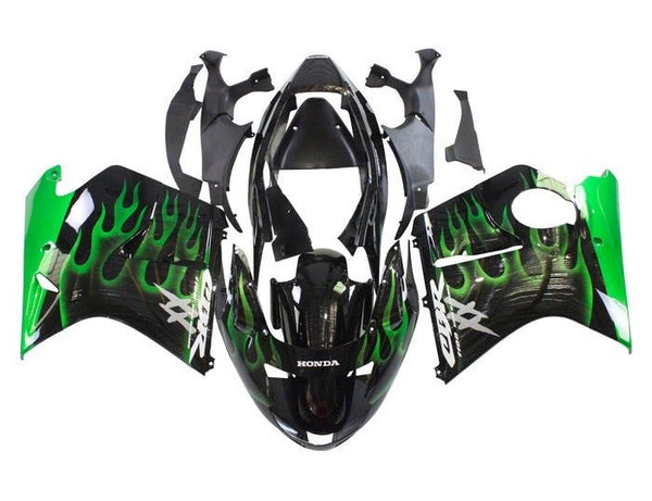 Honda CBR1100XX Fairings (1996-2007) Black, Green Flames, White at KingsMotorcycleFairings.com