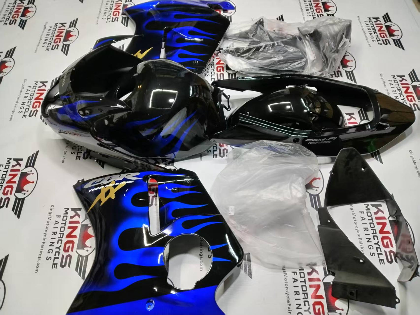 Honda CBR1100XX Super Blackbird Fairing Set (1996-2007) Black, Blue Fire, White, Gold at KingsMotorcycleFairings.com