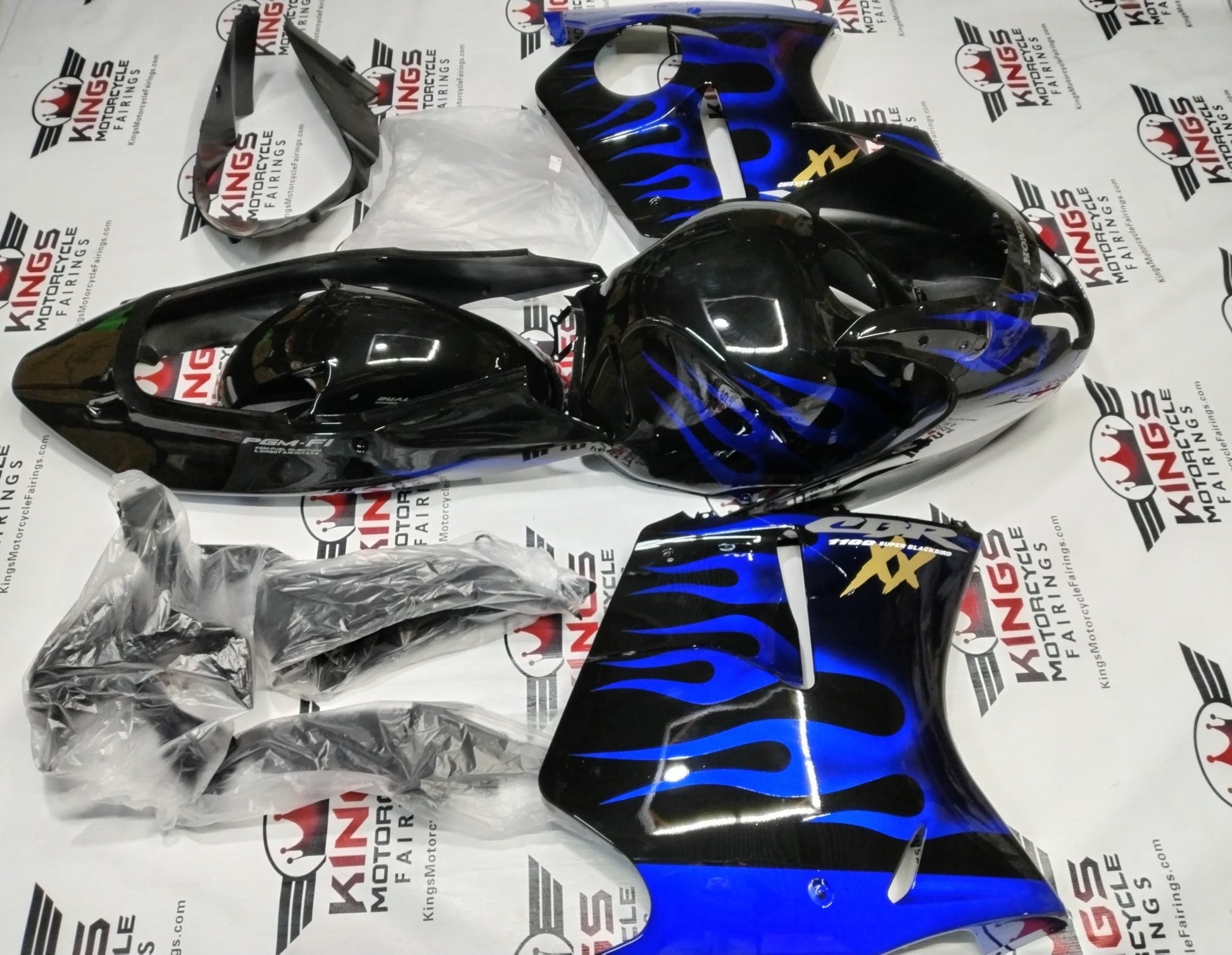 Honda CBR1100XX Super Blackbird Fairings (1996-2007) Black, Blue Fire, White, Gold from KingsMotorcycleFairings.com