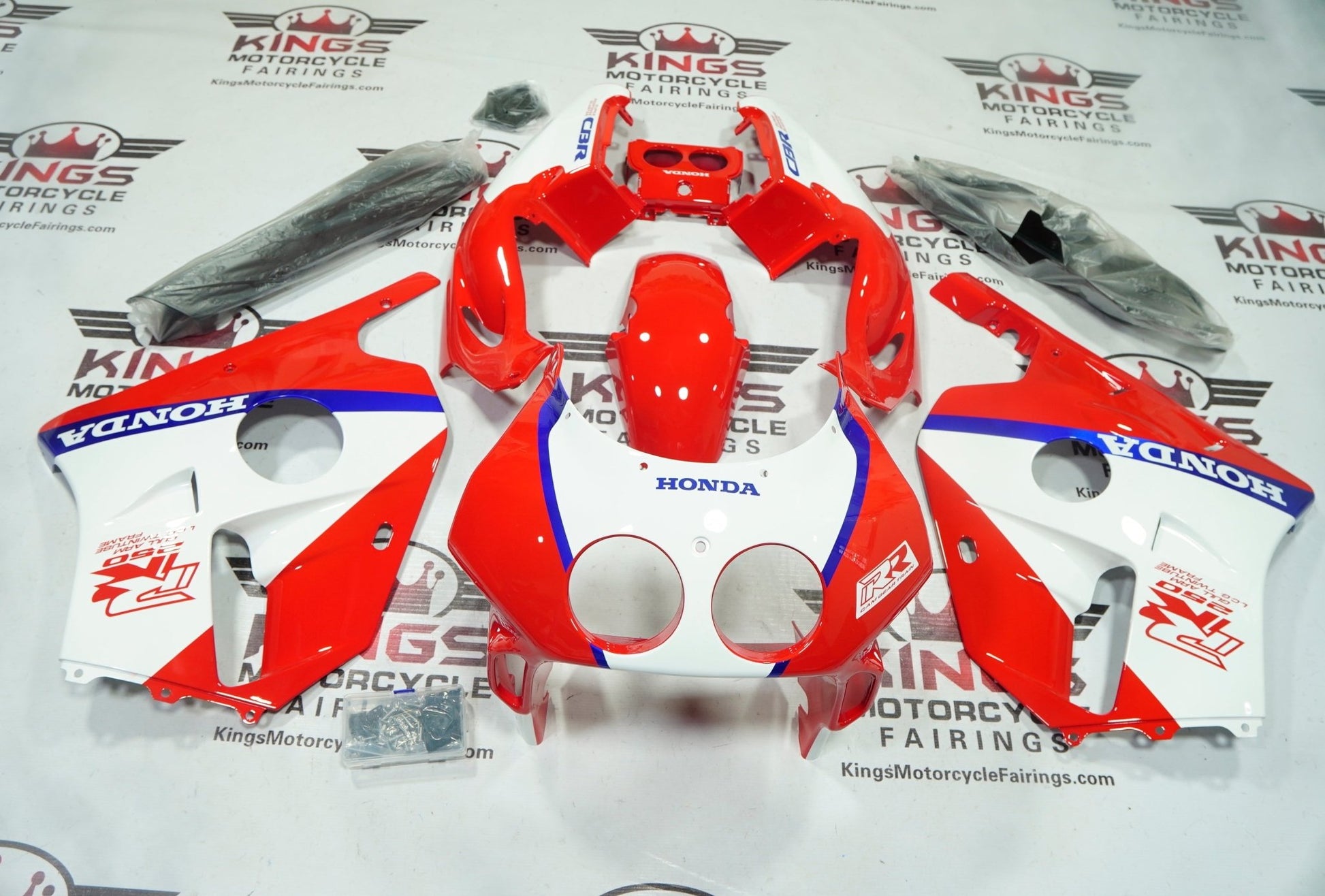 Honda CBR250 MC22 Fairings (1990-1998) Red, White, Blue, Stripe at KingsMotorcycleFairings.com
