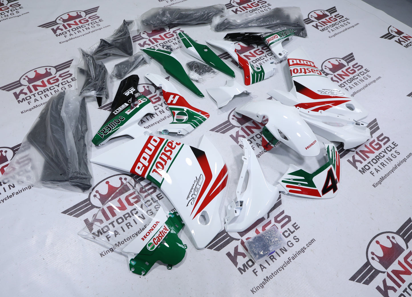 Honda CBR250R Fairings (2011-2014) White, Red, Green Castrol #4 from KingsMotorcycleFairings.com