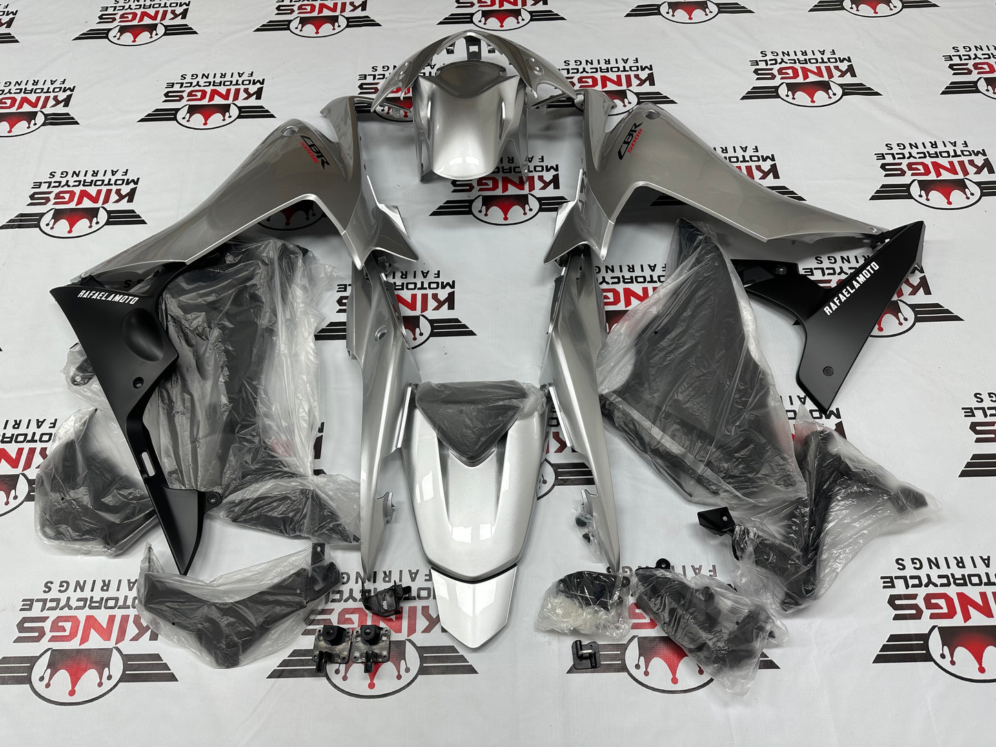 Honda CBR500R Fairing Kit (2013-2015) Gloss Silver, Matte Black from KingsMotorcycleFairings.com