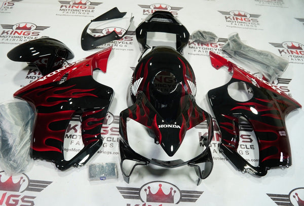 Honda CBR600F4i Fairings (2001-2003) Black, Red Flames, White at KingsMotorcycleFairings.com
