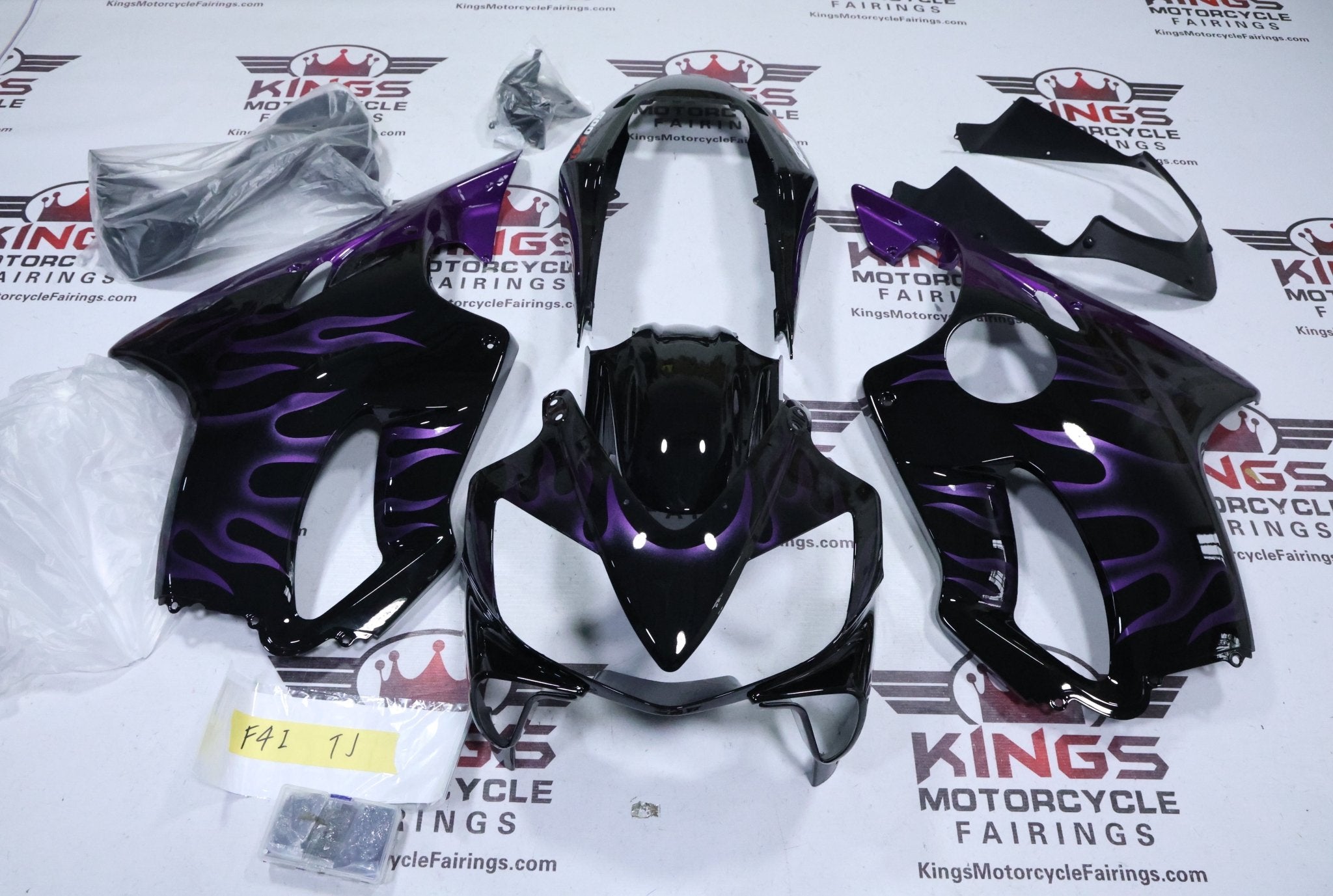 Honda CBR600F4i Fairings (2004-2007) Black, Purple Fire Flames at KingsMotorcycleFairings.com