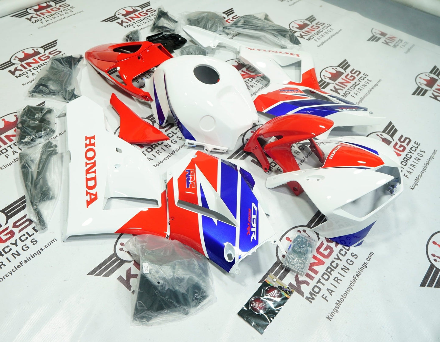 Honda CBR600RR Fairing Kit (2026) White, Red, Blue Wings at KingsMotorcycleFairings.com