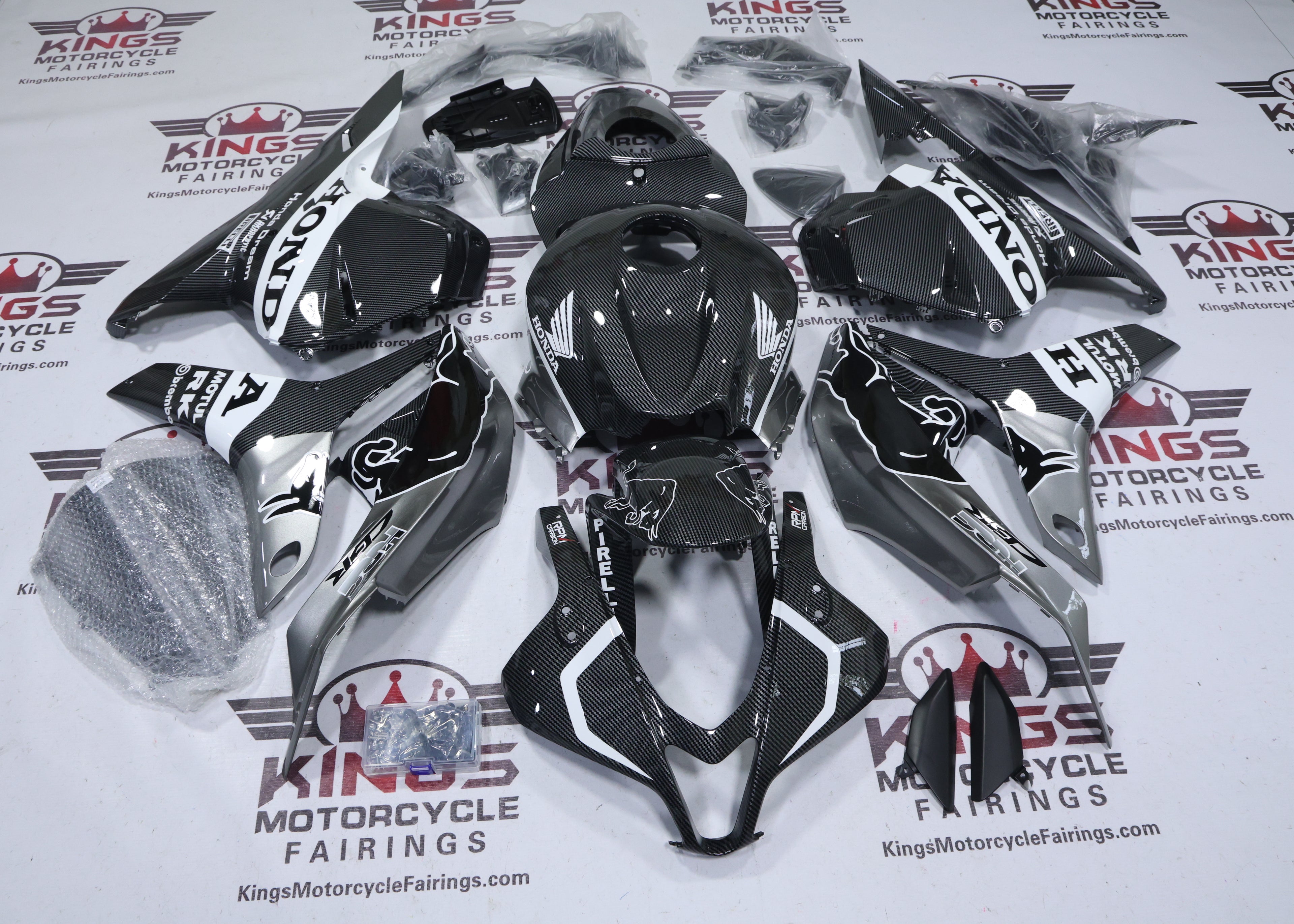 Honda CBR600RR Fairings (2009-2012) Faux Carbon Fiber, Silver, White Bull from KingsMotorcycleFairings.com