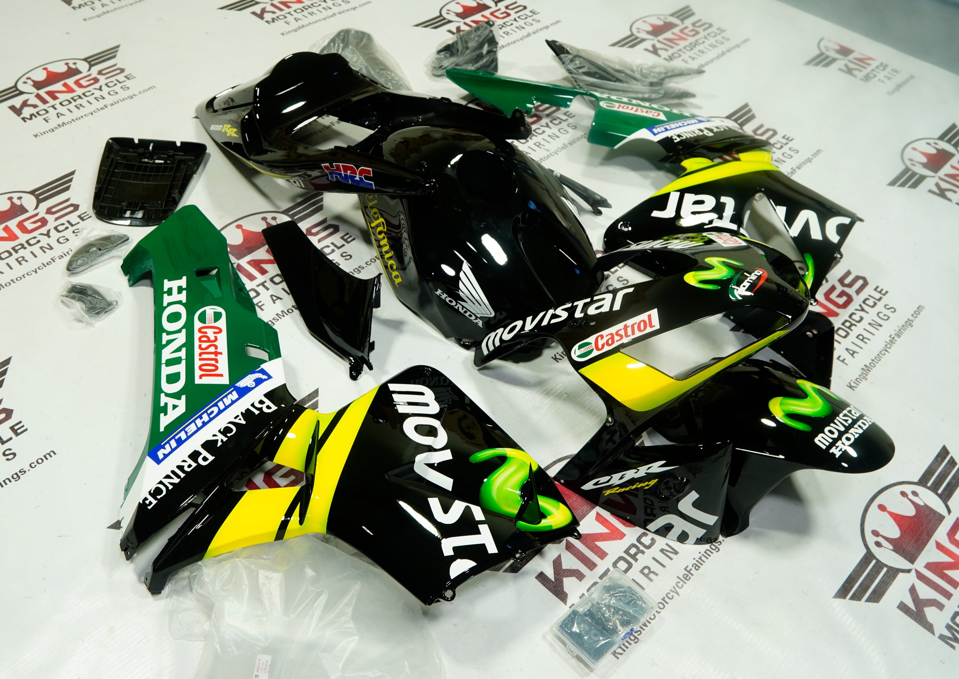 Honda CBR600RR Fairing kit (2003-2004) Black, Green, Yellow Movistar at KingsMotorcycleFairings.com
