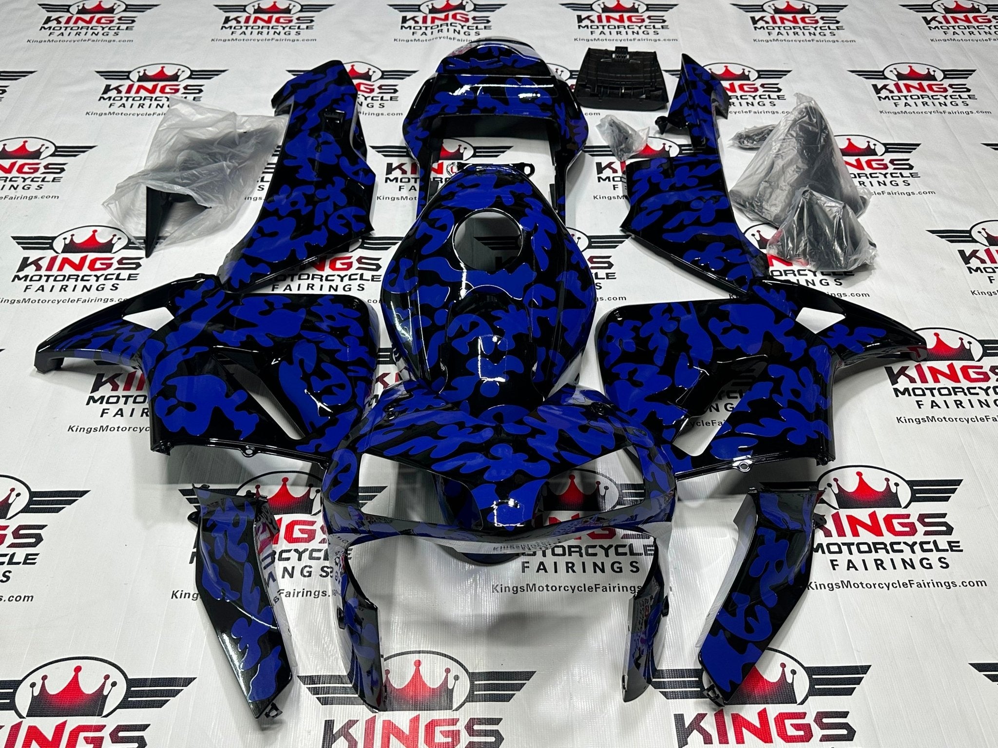Honda CBR600RR Fairings (2003-2004) Black, Blue Camouflage at KingsMotorcycleFairings.com