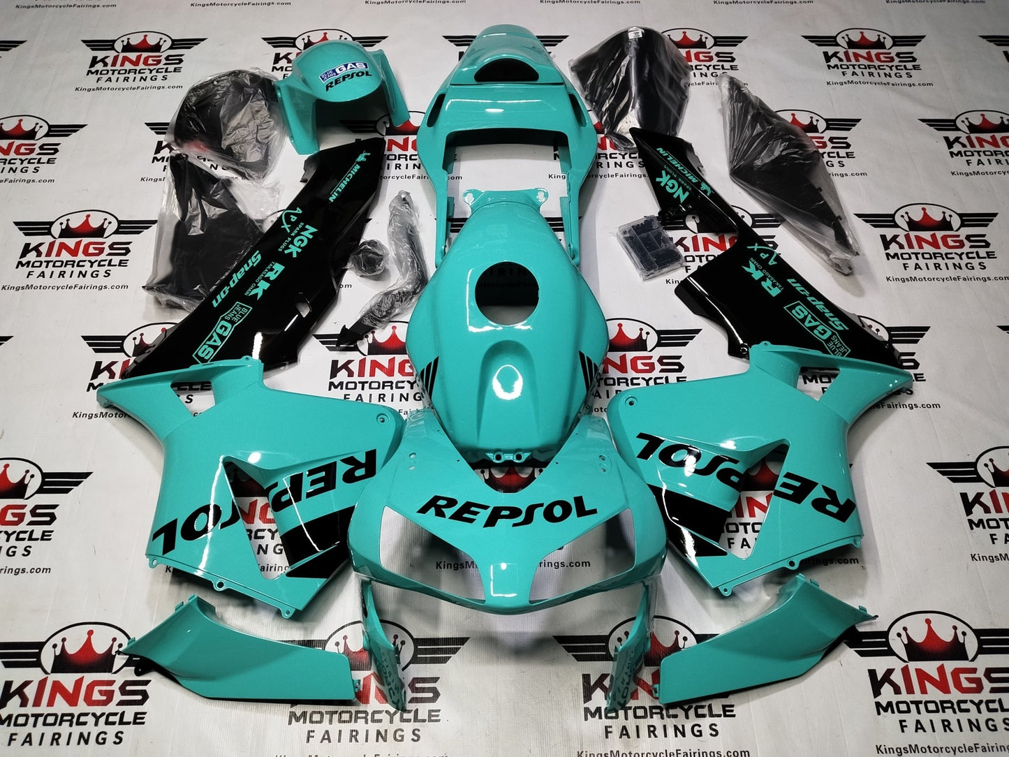 Honda CBR600RR Fairings (2003-2004) Blue Turquoise, Black Repsol at KingsMotorcycleFairings.com