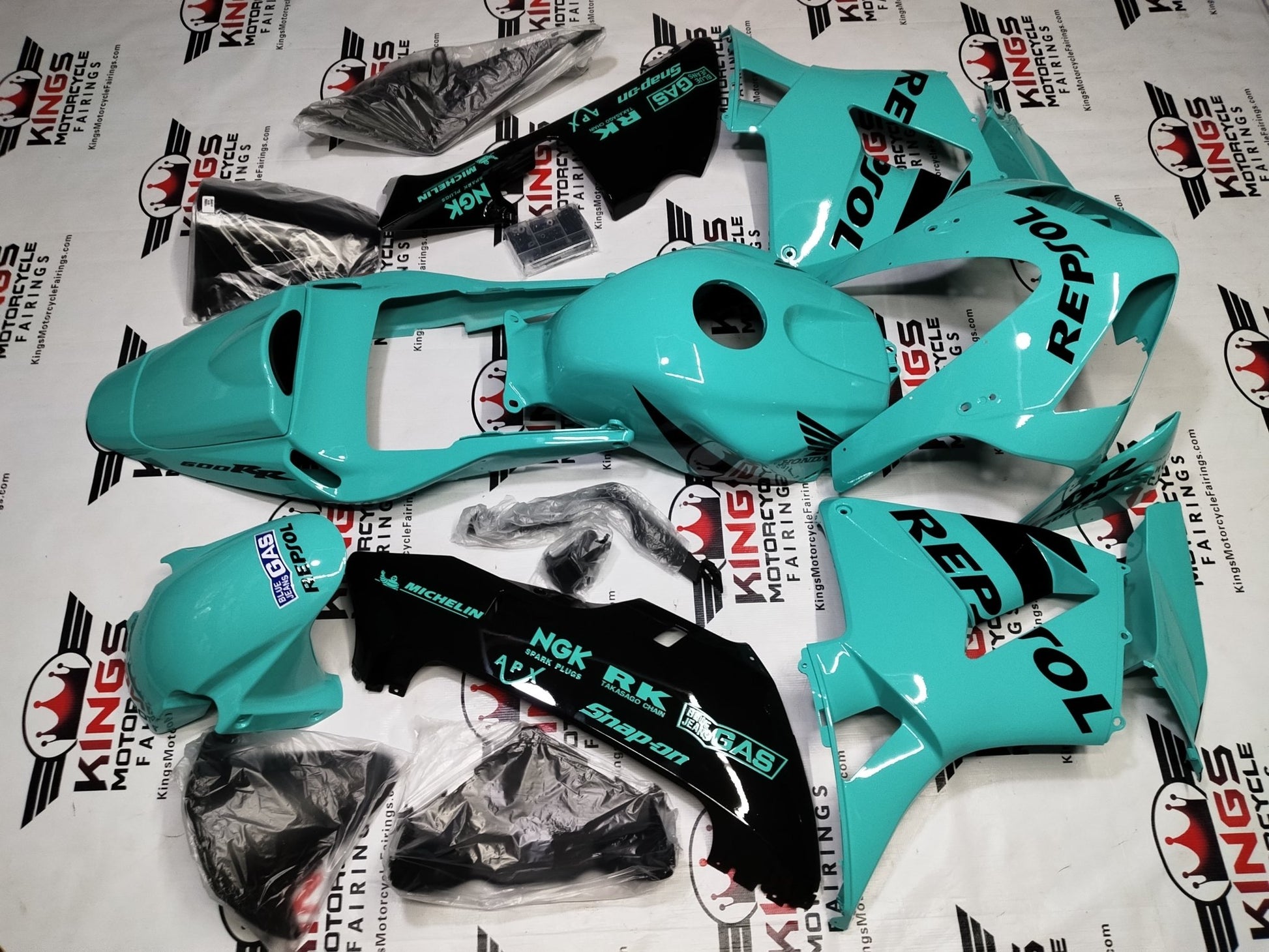 Honda CBR600RR Fairings (2003-2004) Blue Turquoise, Black Repsol from KingsMotorcycleFairings.com