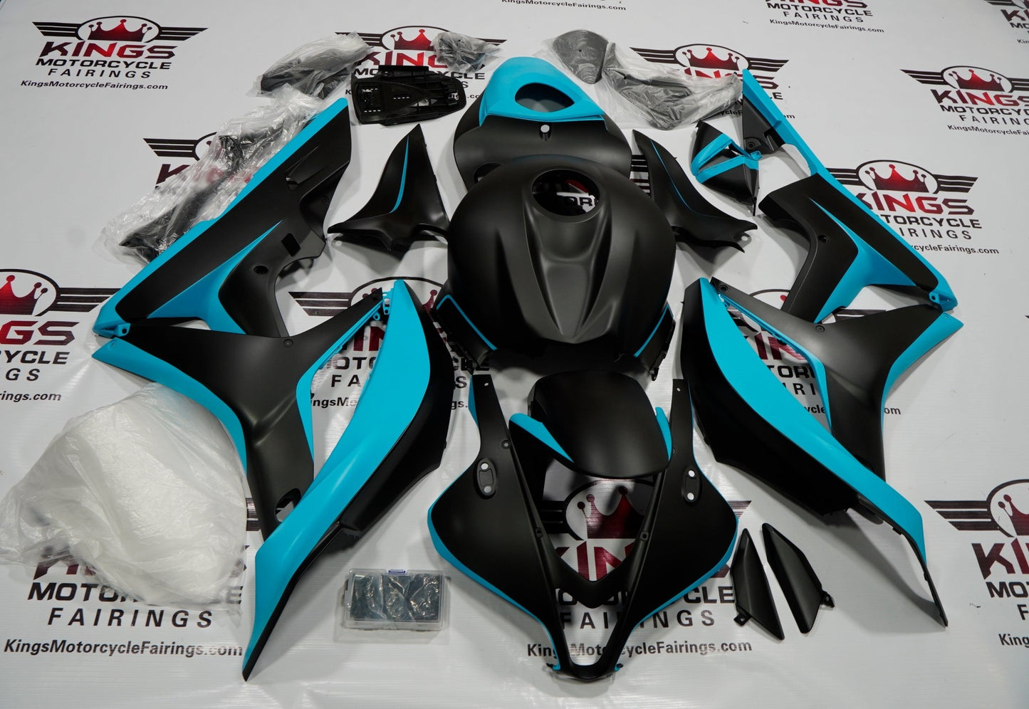 Honda CBR600RR Fairings (2007-2008) Matte Black, Blue Turquoise from KingsMotorcycleFairings.com