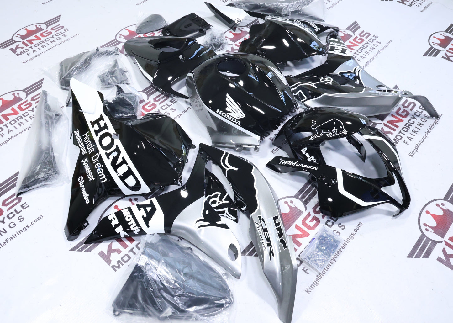 Honda CBR600RR Fairings (2009-2012) Black, Silver, White Bull from KingsMotorcycleFairings.com