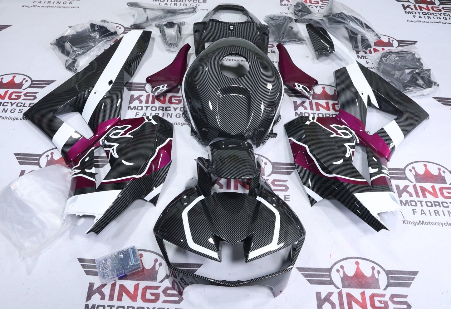 Honda CBR600RR Fairings (2013-2023) Faux Carbon Fiber, Fuchsia Purple, Bull from KingsMotorcycleFairings.com