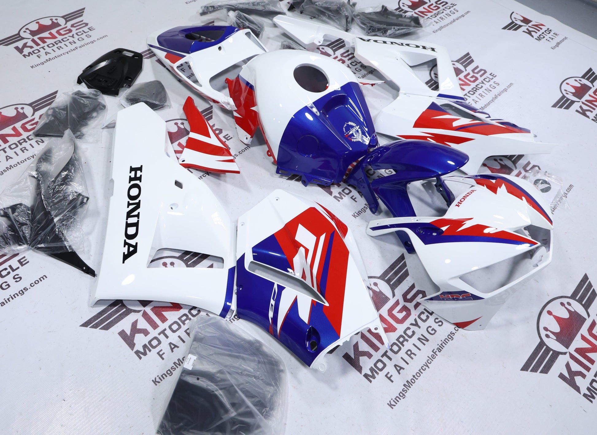 Honda CBR600RR Fairings (2013-2023) HRC White, Red, Blue at KingsMotorcycleFairings.com